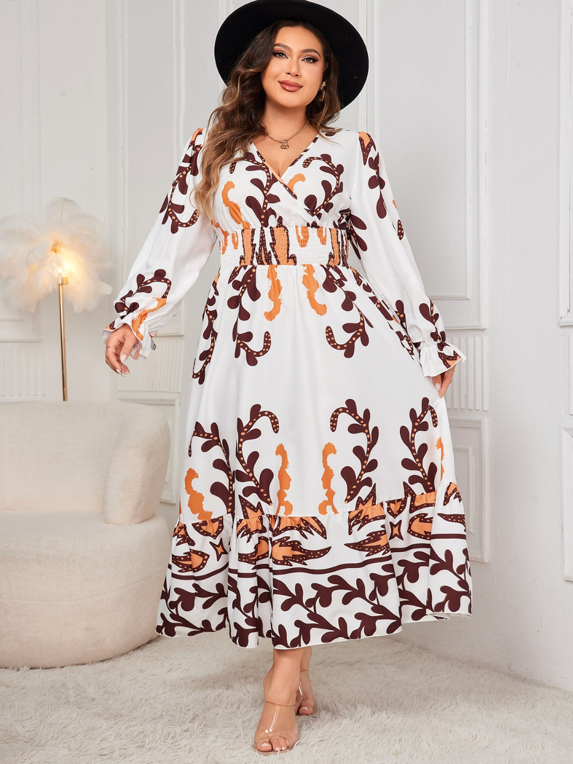 Plus Size Printed Surplice Flounce Sleeve Dress