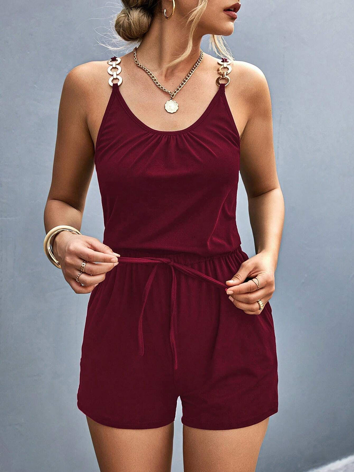 Pocketed Buckle Trim Scoop Neck Romper