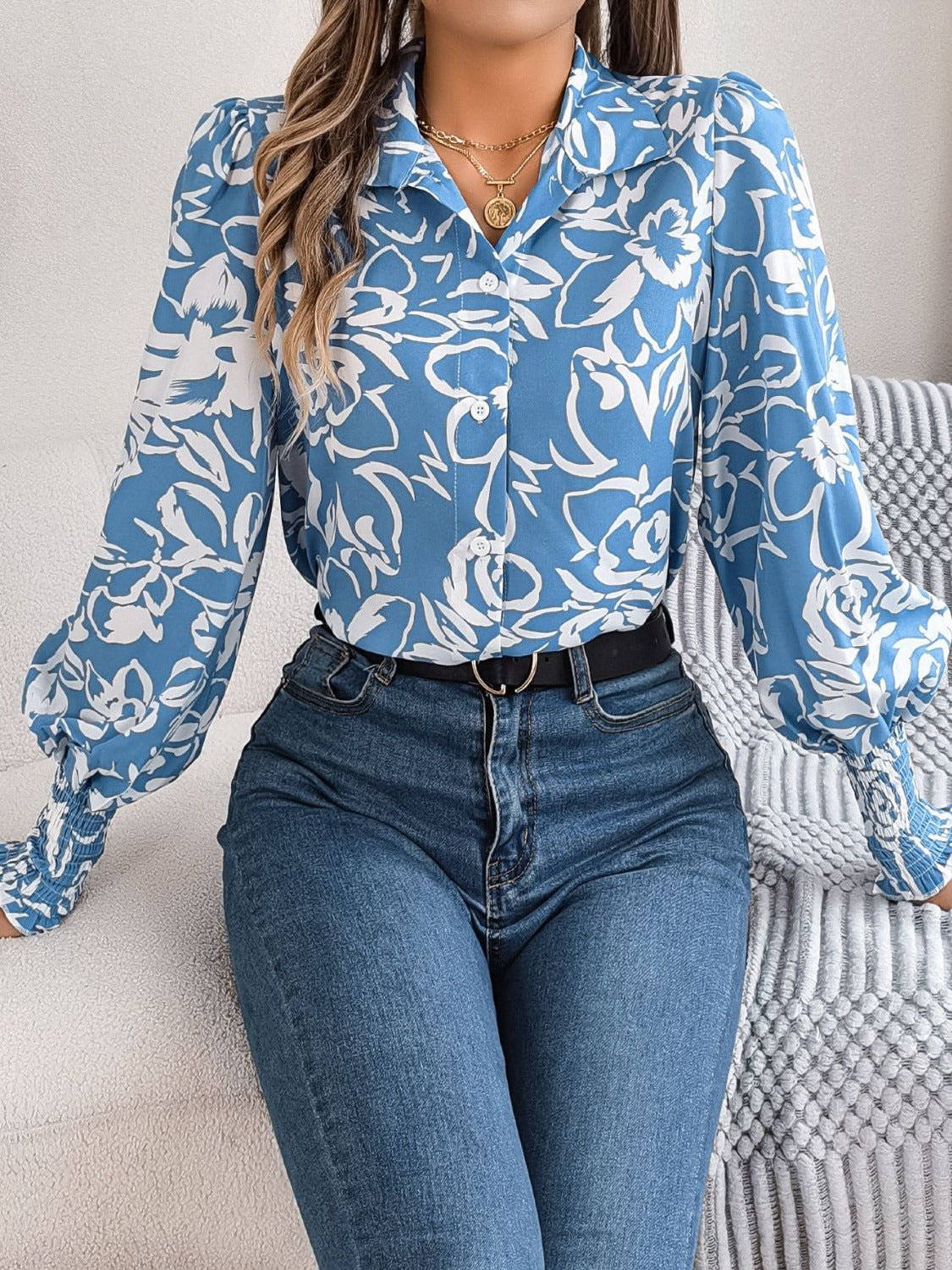 Printed Collared Neck Lantern Sleeve Shirt