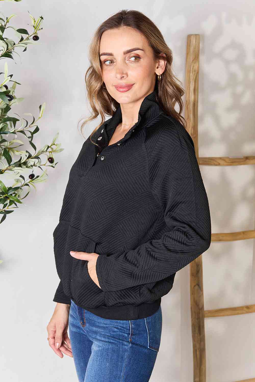 Double Take Half Buttoned Collared Neck Sweatshirt with Pocket