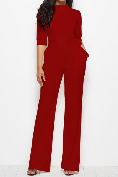 Mock Neck Tie-Waist Half Sleeve Jumpsuit