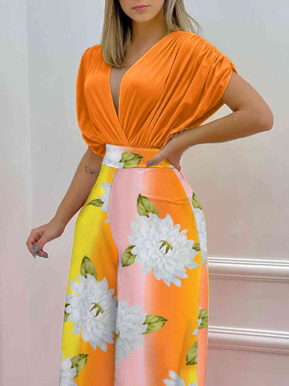 Printed Surplice Top and Wide Leg Pants Set