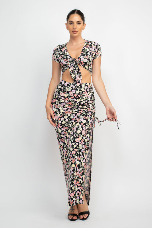 Front Knot Floral Top & Ruched Maxi Skirts Set