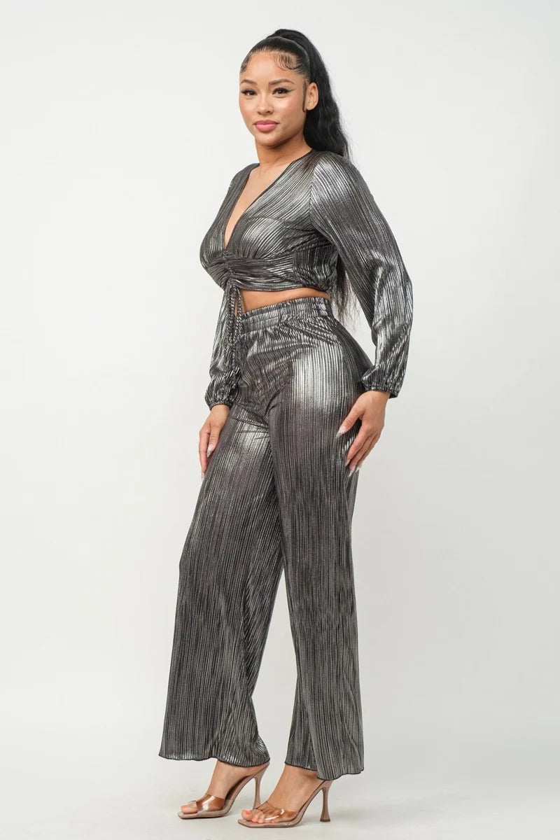 Foil Plisse Tunnel Shirring Top And Pants Set