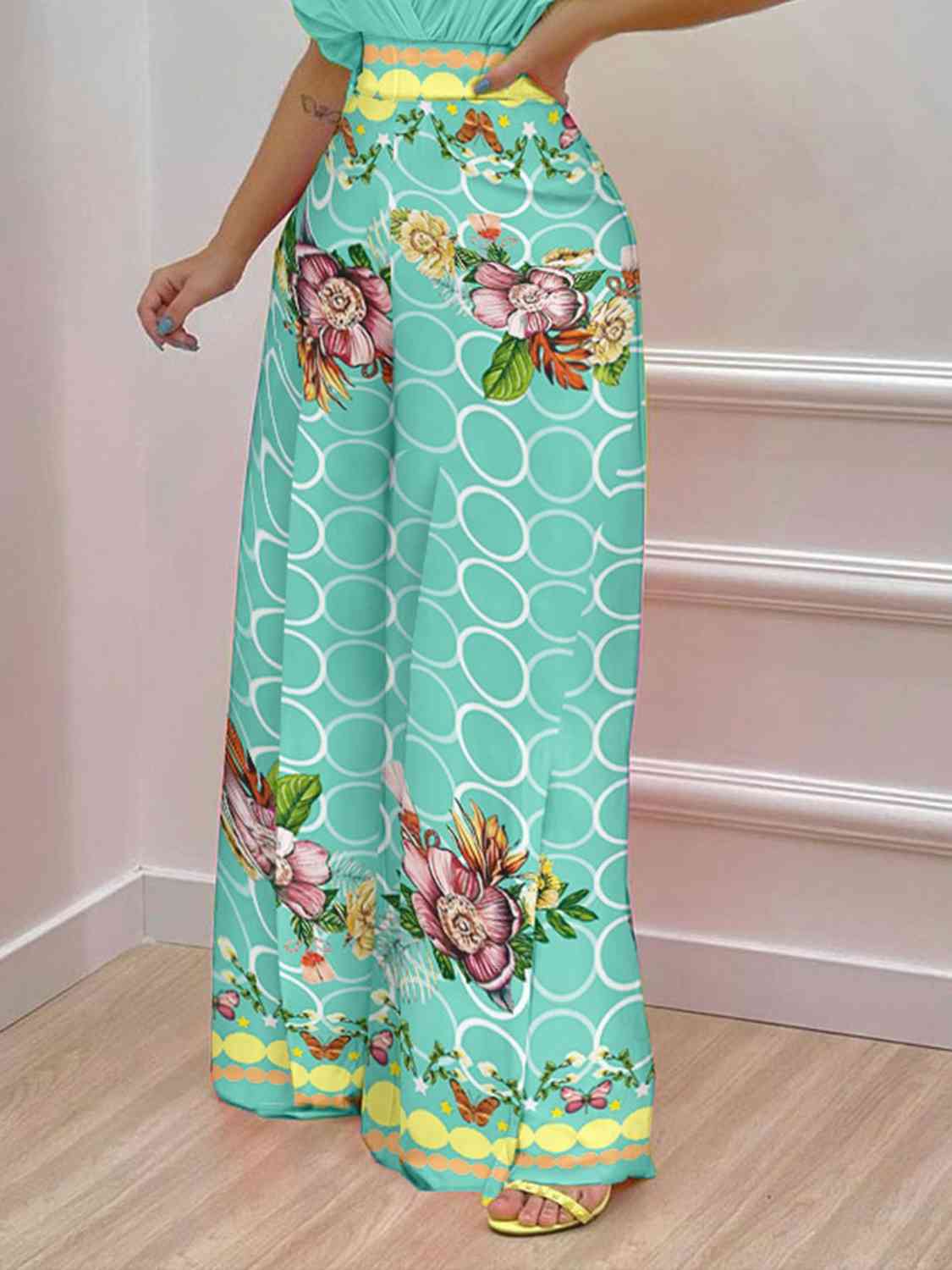 Printed Surplice Top and Wide Leg Pants Set