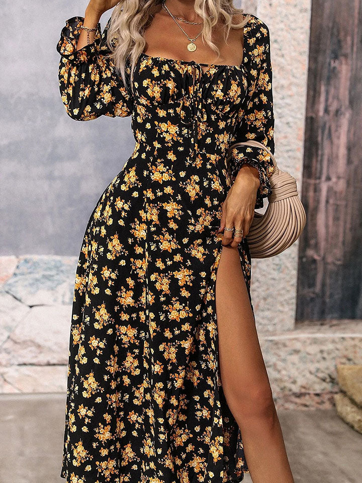 Square Neck Printed Slit Dress