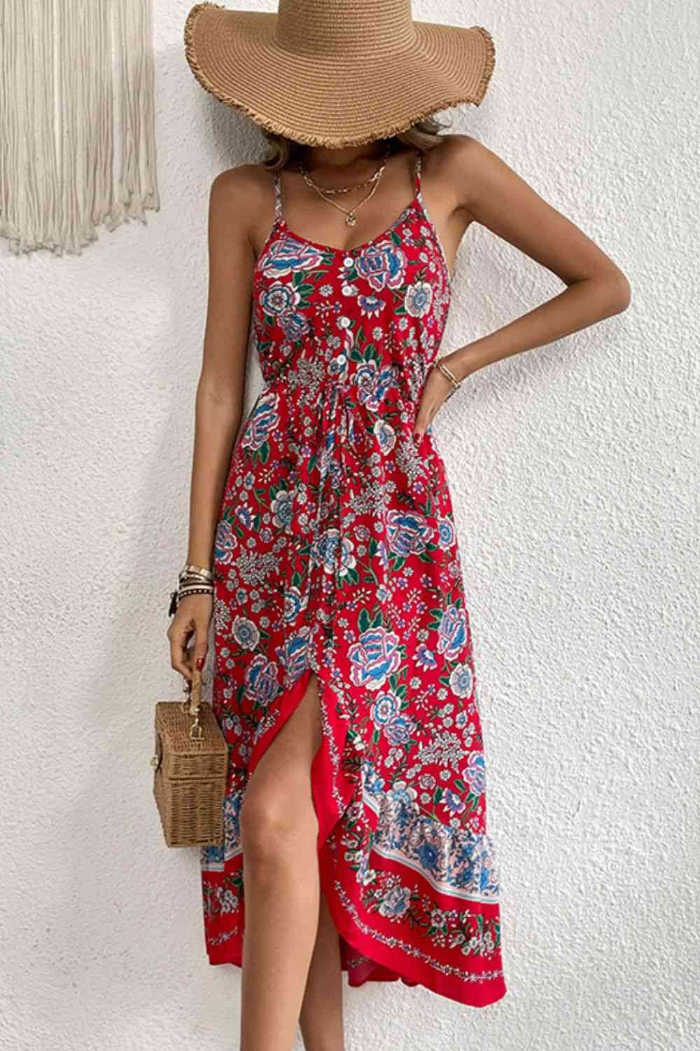 Bohemian Decorative Button Spaghetti Strap Dress