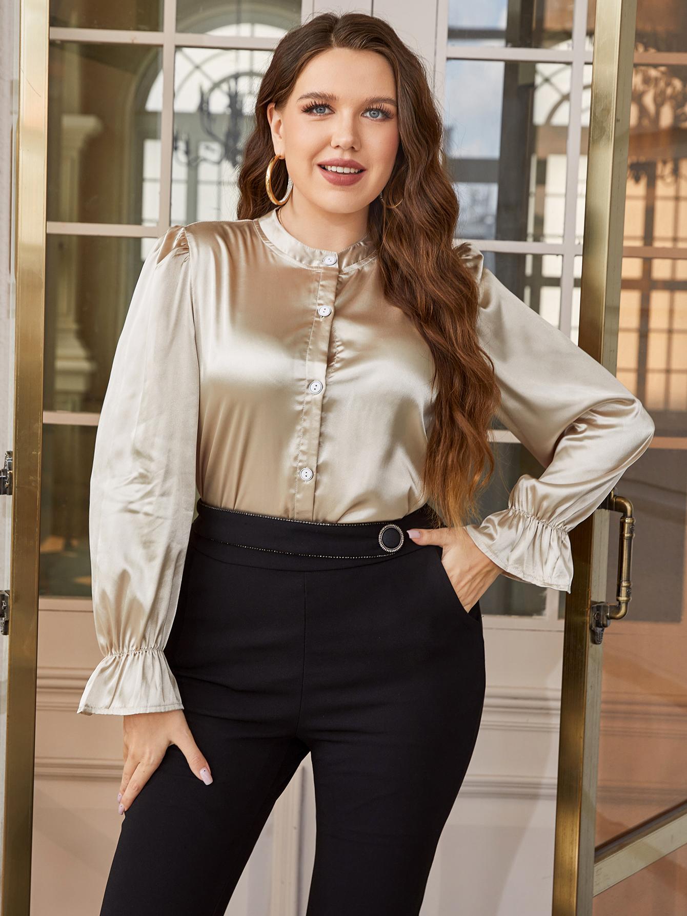 Plus Size Flounce Sleeve Band Collar Shirt